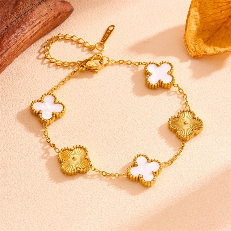 Pulsera Dupe Van Cleff Blanco y Dorado Acero Inox
