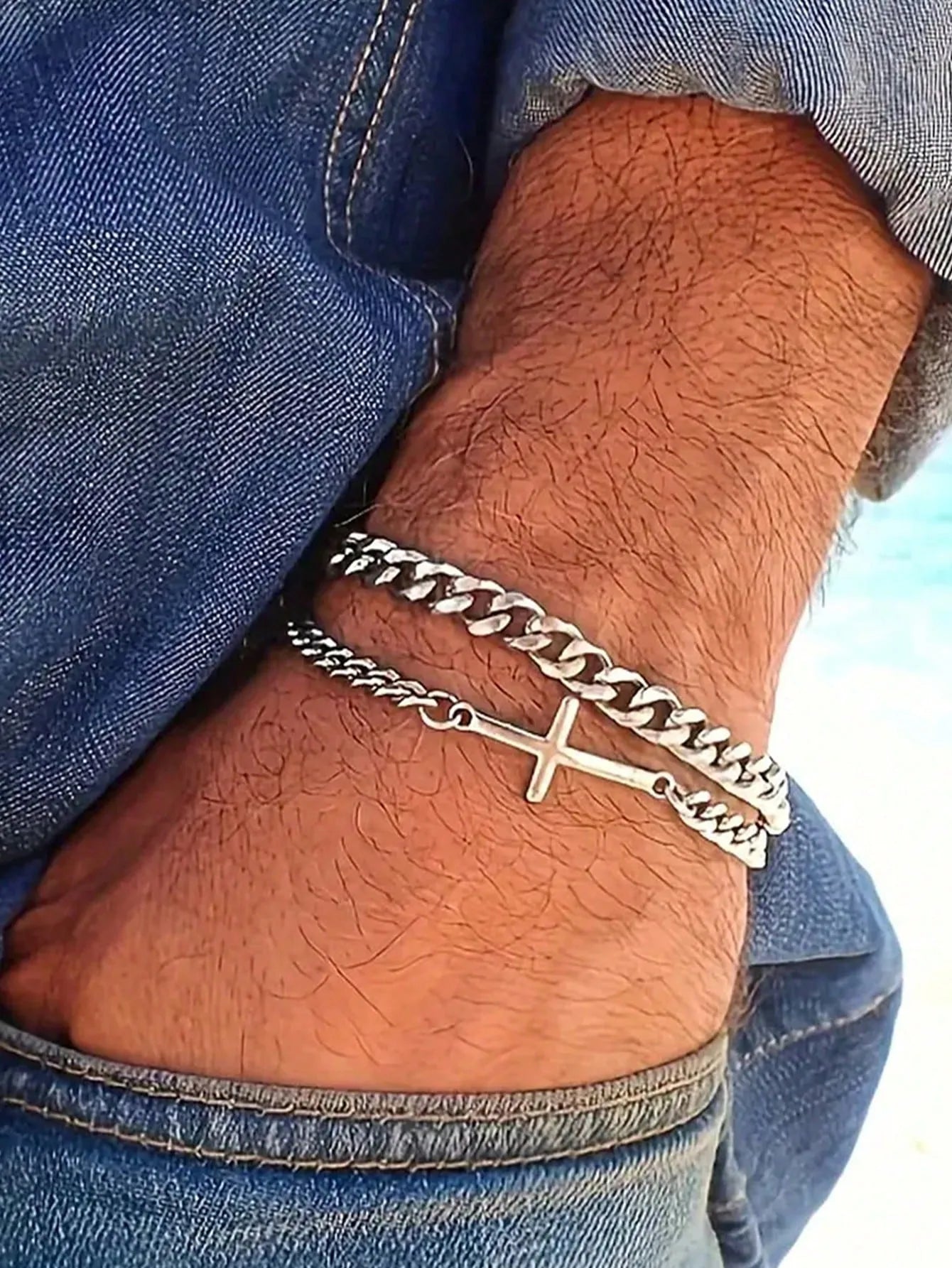 Pulsera doble FE de ferroaleación con recubrimiento PVD Color plateado, Unisex