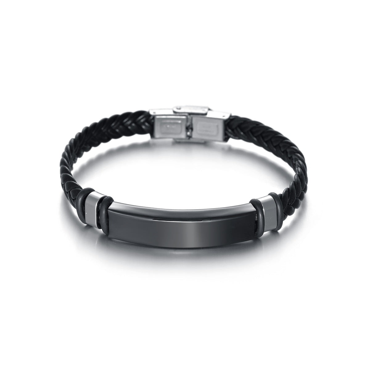 Pulsera de Hombre delgada de cuero negra con plateado