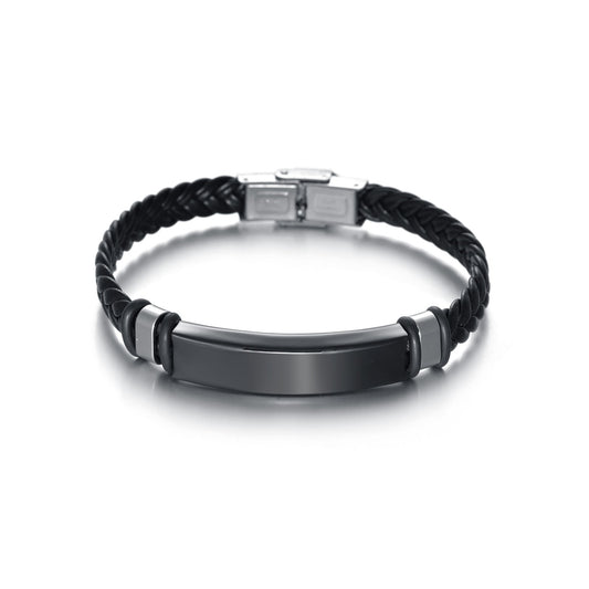 Pulsera de Hombre delgada de cuero negra con plateado