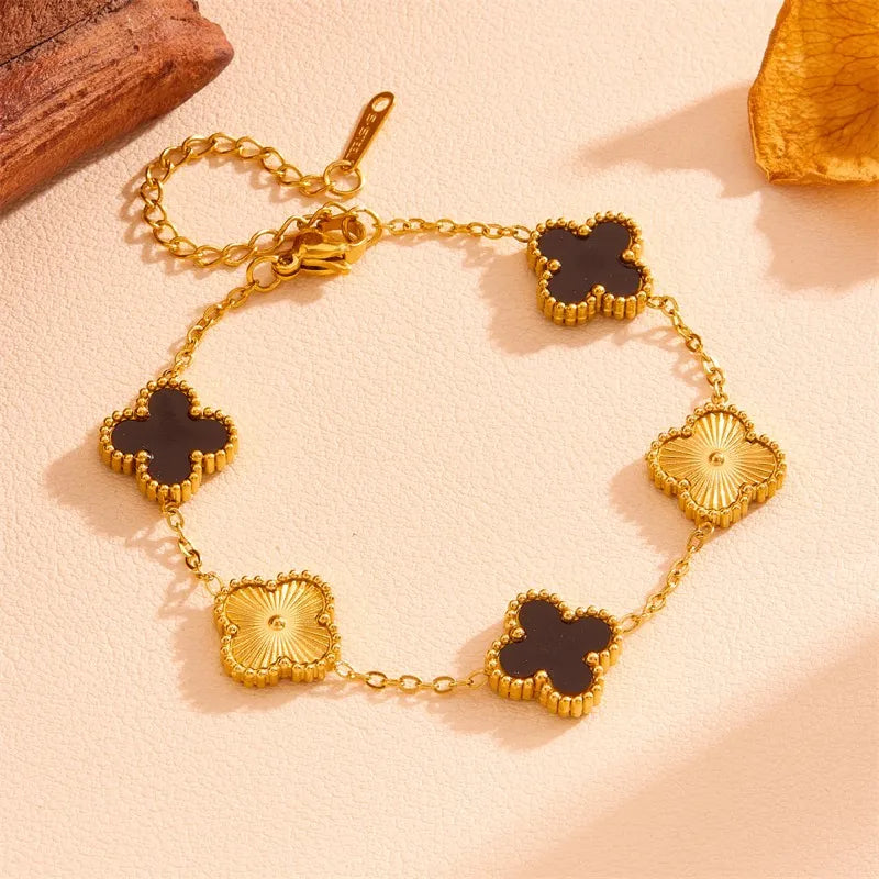 Pulsera Dupe Van Cleff Negro y Dorado Acero Inox